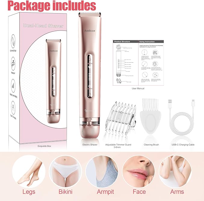 Bikini Trimmer for Women 2 in 1, Dual Head Womens Electric Shaver, Electric Razors for Pubic Hair, IPX7 Waterproof Rechargeable Facial Hair Removal for Shaving Underarm Leg Arm Body Face, Rose Gold