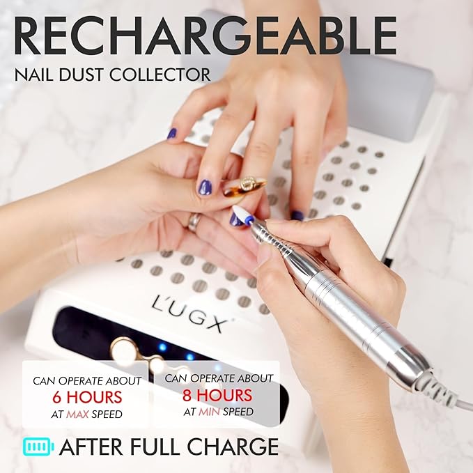 L'UGX Rechargeable Nail Dust Collector with 2 Reusable Filters, Professional 70W Nail Extractor Vacuum Acrylic Nail Dust Cleaner, Perfect for Home Salon Use, Low Noise