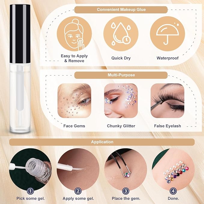 Colorful Face Gems for Makeup Set, Flatback Gorgeous Charming Mixed-Colored Crystals with Makeup Glue+Picker Pencil+Tweezer for Eye Body Hair Make-up and Nail Art Deco