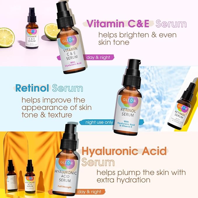 Retinol Serum for Face, Vitamin C with Hyaluronic Acid Face Serum for Women and Men, Glow Skin Care Set Total Package Targets Appearance of Uneven Skin Tone and Dryness 3x1oz