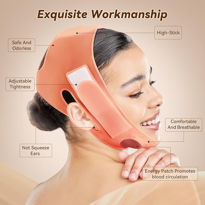 JUSRON V-Line Mask Chin Up Mask Face Strap, Soft Silicone Chin Strap V Shaped Face Mask, Jaw Exerciser 23-27 Inches (Fluorescent Pink)