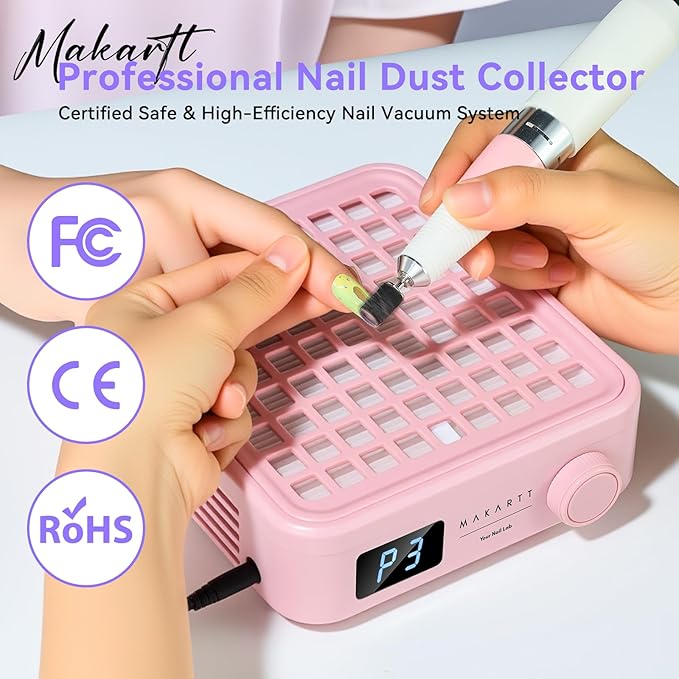 Makartt Professional Nail Dust Collector – Powerful Dust Collector Nail Tech Quite Suction Machine for Acrylic Nails Manicure & Pedicure Salon & Home Use Includes 10pcs Filters & Dust Brush Pink
