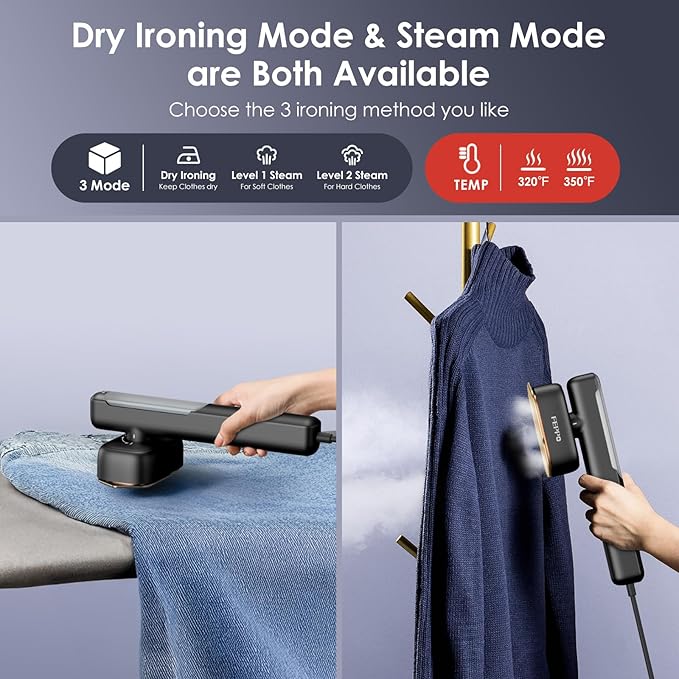 FEPPO Travel Steamer for Clothes, 110-240V Dual Voltage Portable Mini Steamer & Iron 2in1, 1100W Powerful Garment Steamer, Fast Heat Up, Travel Size, HD Display, for Home & Global & Europe Travel