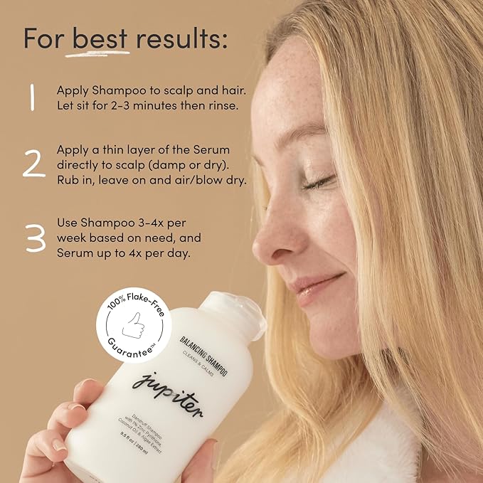 Jupiter Anti-Dandruff Shampoo and Serum, for Women & Men, Dermatologist-Formulated for Flaky, Itchy, Oily, & Dry Scalp, Sulfate-Free, Vegan, Color-Safe, & Paraben-Free, Shampoo with Zinc