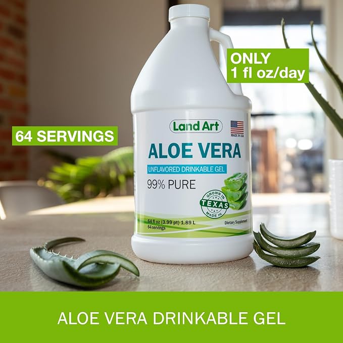 Land Art - Organic Aloe Vera Drinkable Gel for Heartburn & Acid Reflux Relief - 99.7% Pure - Cold-Processed - Improves Digestive Health - Soothing and Natural - Vegan & Gluten-Free - 64 fl oz