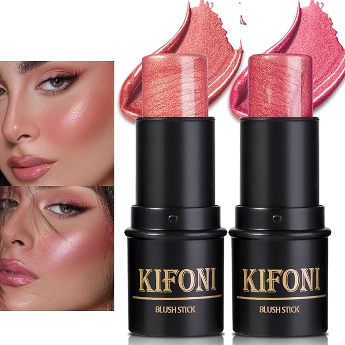 2 Pcs Cream Blush Stick Makeup Kit, Natural Shimmer & Matte Stick Blush Wand for Cheeks, Lightweight Blendable Silky Cream Blush Makeup -Shimmer Blush (#01 Shimmer Pink #04 Shimmer Fuchsia)