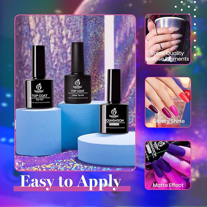 Beetles 20 Colors Gel Nail Polish Kit Midnight Euphoria Collection 23 Pcs Purple Blue Hot Pink Glitter Gel Polish Set Rainbow Soak off Uv Glossy & Matte Top Base Coat Gift for Women