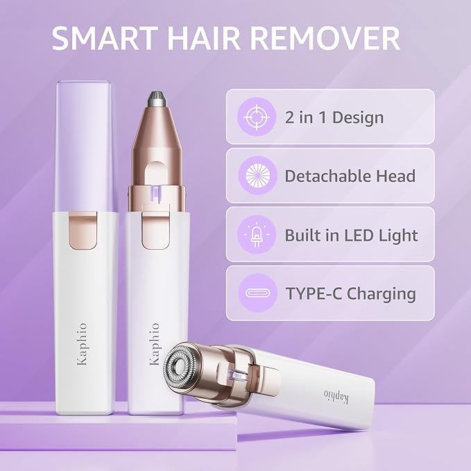 Facial Hair Removal for Women: Electric Eyebrow Trimmer & Hair Removal Device - 2 in 1 Rechargeable Face Shaver Painless Eyebrow Shaper for Upper Lip Chin Peach Fuzz brow (Purple)