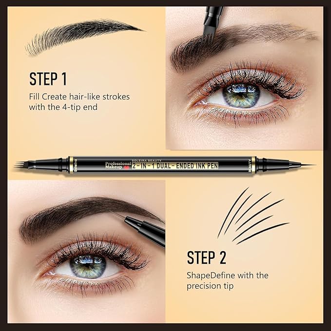 Eyebrow Pen, Soleira Waterproof Eyebrow Pencil with 4 Tip Microblading Eyebrow Pen and Dual-ended Eyebrow Brush, for Natural-Looking Brows, Long-Lasting, Black