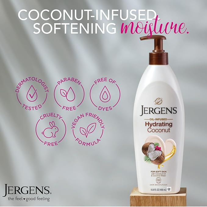Jergens Hydrating Coconut Body Lotion, Hand and Body Moisturizer, Infused with Coconut Oil, Hydrates Dry Skin Instantly, Dermatologist Tested, 16.8 oz, Pack of 3