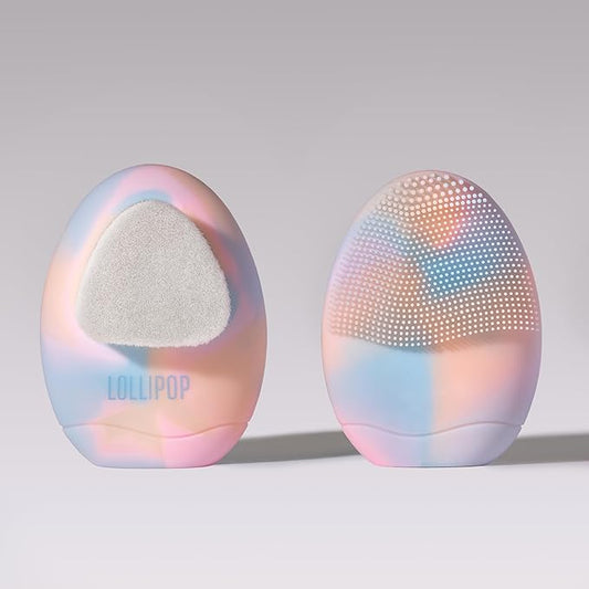 LOLLIPOP Dual-Sided Facial Cleansing Brush | Palm Size Silicone Face Exfoliator and Soft Fiber Cleanser | Manual Face Scrubber for Pores, Makeup Removal, Blackhead and Skincare Routine, Rainbow
