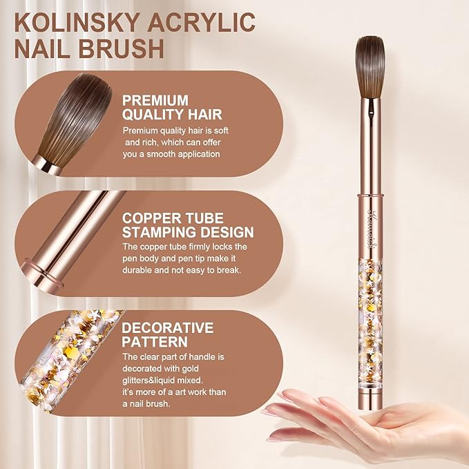 Acrylic Nail Brush Size 4,KEMEISI 100% Pure Kolinsky Nail Art Brushes Sturdy Handle Oval Shaped Acrylic Powder Nail Design Tools for Professional Manicure DIY Home Salon (Gold)
