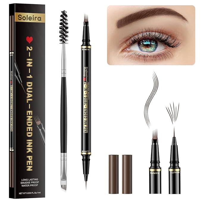 Eyebrow Pen, Soleira Waterproof Eyebrow Pencil with 4 Tip Microblading Eyebrow Pen and Dual-ended Eyebrow Brush, for Natural-Looking Brows, Long-Lasting, V2 Dark Brown