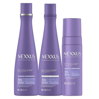 Nexxus HY-VOLUME Weightless Lift Shampoo, Conditioner & Foam 3 Pack PROTEIN FUSION with Collagen Protein & Hyaluronic Acid For Flat & Limp Hair for 48 Hours of Volume 13.5 fl oz & 5.5 fl oz