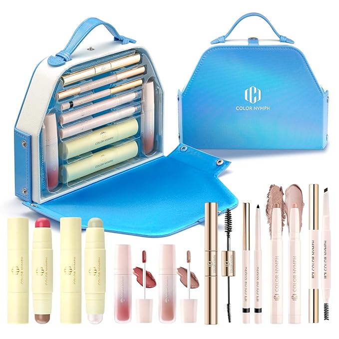 Color Nymph Makeup Kit for Girls Beginner Makeup Gift Set with Portable Bag Include 2 Color Lip Gloss, Eyeshadow Pen, Blush & Contouring, Highlight, Mascara, Eyebrow Pencil