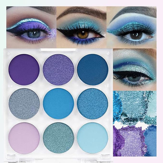 9 Colors Shimmer Matte Blue Eyeshadow Palette.Highly Pigmented Light Blue Eyeshadow Dark Blue Eye shadow Paleta.Blendability Shiny Matte Blue Makeup Powder Palet.paleta de sombras de ojos azul