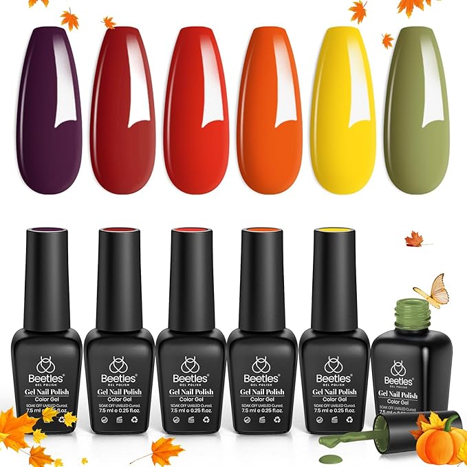 Beetles Fall Gel Polish Set, Burgundy Red Green Orange 6 Colors Gel Nail Polish Colors Sunset Leaves Soak Off Nail Art Lamp UV LED Cured Manicure Nail at Home Gifts for Women