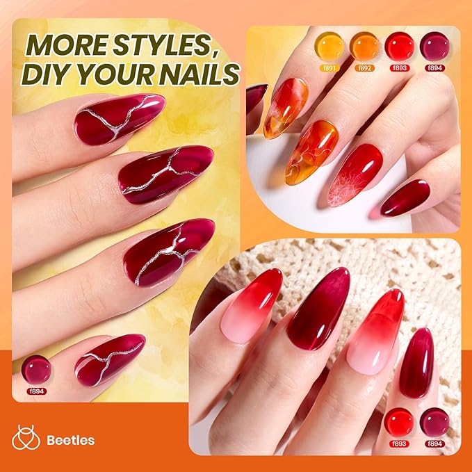Beetles Jelly Gel Nail Polish Set - 6 Colors Yellow Orange Burgundy Red Purple Green Fall Gel Polish Kit Sheer Translucent Effect Soak off UV Nail Art Autumn Prism Series Manicure Gift for Women