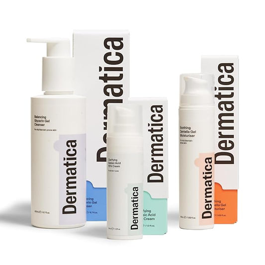 Dermatica Blemish Control Kit, Balancing Glycerin Gel Cleanser (200ml), Clarifying Azelaic Acid 15% Cream (30ml), Soothing Centella Gel Moisturiser (50ml)