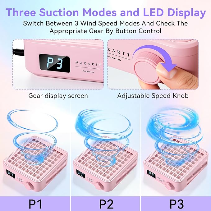 Makartt Professional Nail Dust Collector – Powerful Dust Collector Nail Tech Quite Suction Machine for Acrylic Nails Manicure & Pedicure Salon & Home Use Includes 10pcs Filters & Dust Brush Pink
