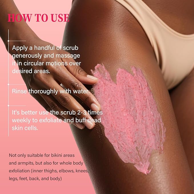 Bikini Area Exfoliator with 10% AHAs BHA & Vitamin C, Exfoliating Body Scrub for Ingrown Hair and Underarm Bumps, Dark Spots, Moisturize Brighten Soothe & Even Skin Tone, Sensitive Skin Safe, 7.76 oz