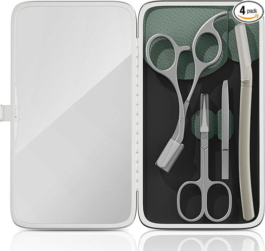 Eyebrow Trimmer Kit Scissors Tweezers Razor Facial Shaver Grooming Set with Mirror Travel Cases