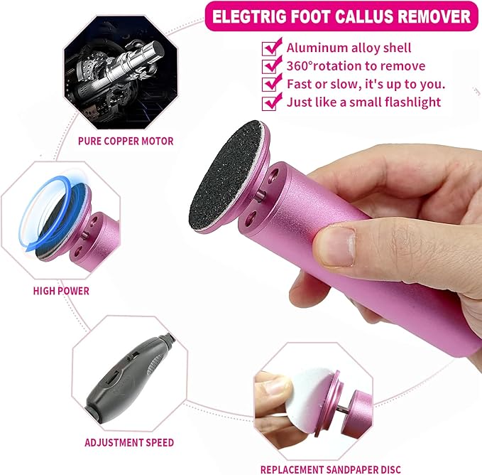 Electric Foot Callus Remover, Adjustable Foot Speed, Professional Foot Repair Tool, Equipped with 60 Pieces of Sandpaper, Suitable for Men and Women with Dead Skin calluses, Dry and Cracked, Pink
