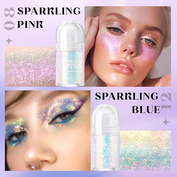 2 Colors Roll-on Body Glitter Gel, Holographic Glitter Gel Under Light for Face Hair, Body Shimmer for Rave Accessories Christmas New Year Halloween Makeup (8+12)