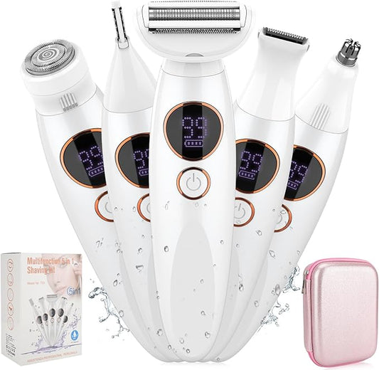 5 in 1 Bikini Trimmer for Women,IPX7 Waterproof Cordless Replaceable Pubic,Eyebrow,Facial Electric Razors&Nose Hair Trimmer&Painless Body Shaver for Arms Legs Underarms,USB Charge,LED Display,Wet&Dry