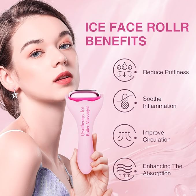 Facial Ice Roller for Skin Care - Aluminum Face Roller to De-Puff, Soothe & Tighten Pores - Cold Therapy Massage Tool for Radiant Glow