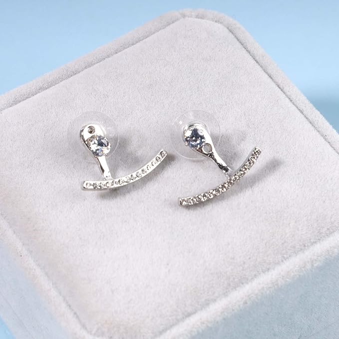 Crystal Bar Ear Climber Earrings Silver Rhinestone Ear Jacket Earrings Boho Bar Ear Crawlers Earrings Minimalist Geometric Moon Earrings Jewelry for Women and Girls