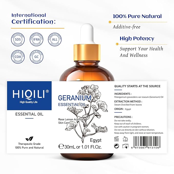 HIQILI 30ML Geranium Essential Oil， for Skin, Diffuser & Candle, 100% Pure and Natural - 1.01 Fl.Oz