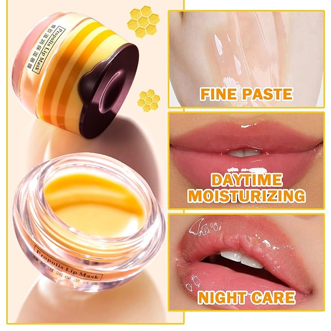 Lip Balm Honey Pot,Moisturizing Lip Balm Reduces Lip Lines,Propolis Honey Pot Lip Balm Hydrating Prevention Dry and Cracked Lip Scrubs Exfoliator,Exfoliating Lip Sleeping Mask with Brush