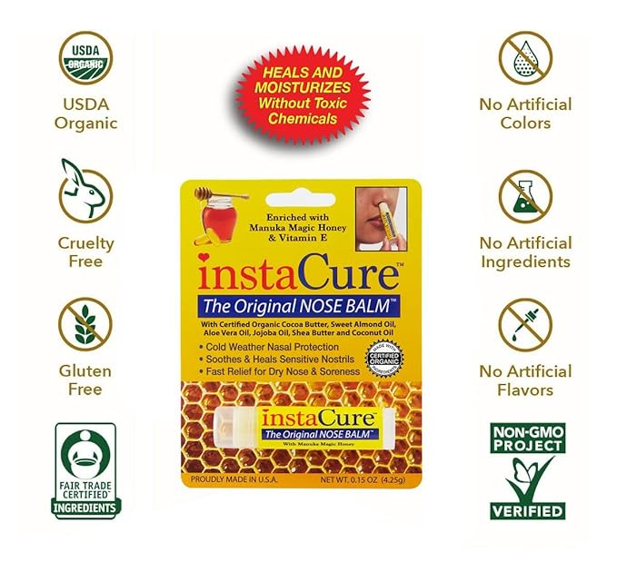 InstaCure Original Nose Balm With Raw Manuka Honey Vitamin E Shea Butter Aloe Vera Oil And Vanilla Mint Ultra-Moisturizing Max Repair/Protective Lip Balm - Fast Relief for Dry Nose & Soreness (3 Pack)