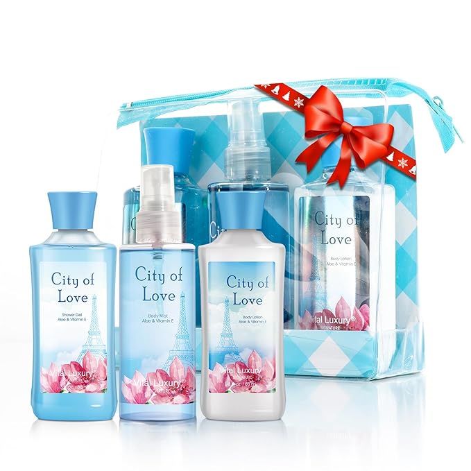 Bath & Body Care Travel Set - Home Spa Set with Body Lotion, Shower Gel and Fragrance Mist, Valentines Day Gifts for Her and Him(City of Love)