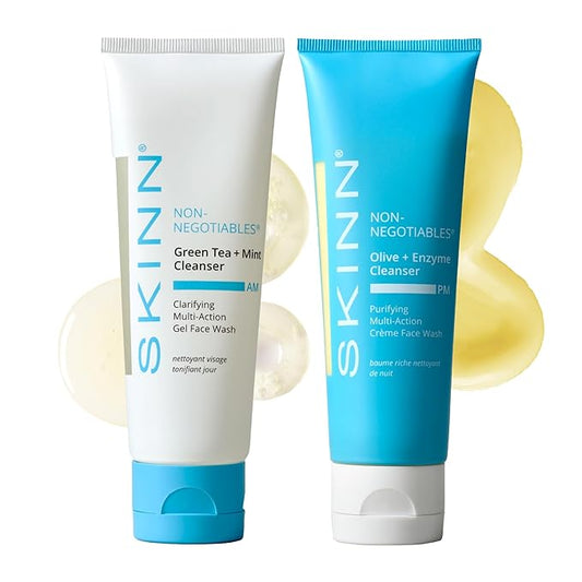 SKINN Day & Night Face Wash for Women & Men - Refreshing Green Tea & Mint Infusion, Nourishing Olive & Enzyme Formula - Complete AM/PM Cleanser Set for Hydrated