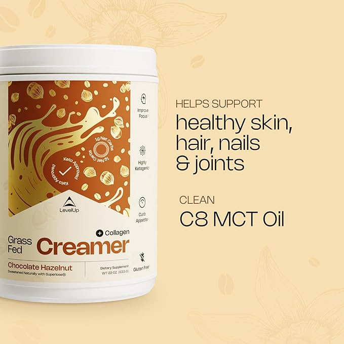 LevelUp Creamer, with Energizing MCT Oil and Collagen Peptides, Keto Coffee Creamer, Supports Natural Energy & Ketone Production - Chocolate Hazelnut, 22 oz