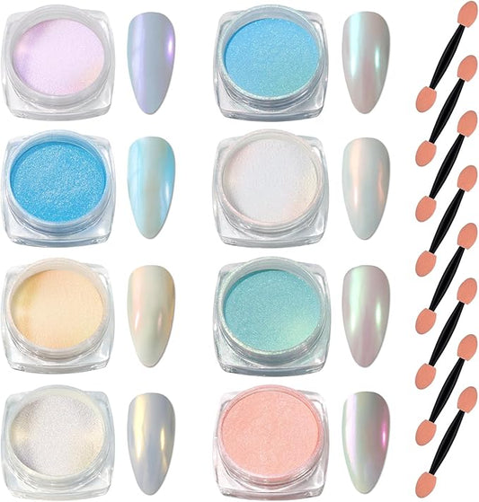 Laza Mermaid Pearl Chrome Nail Powder, 8 Colors Metallic Mirror Effect Pigment, Iridescent Aurora Nail Glitter Dust Kit for Gel Nail Art Decoration, Resin Craft, Gifts - Sweet Candy