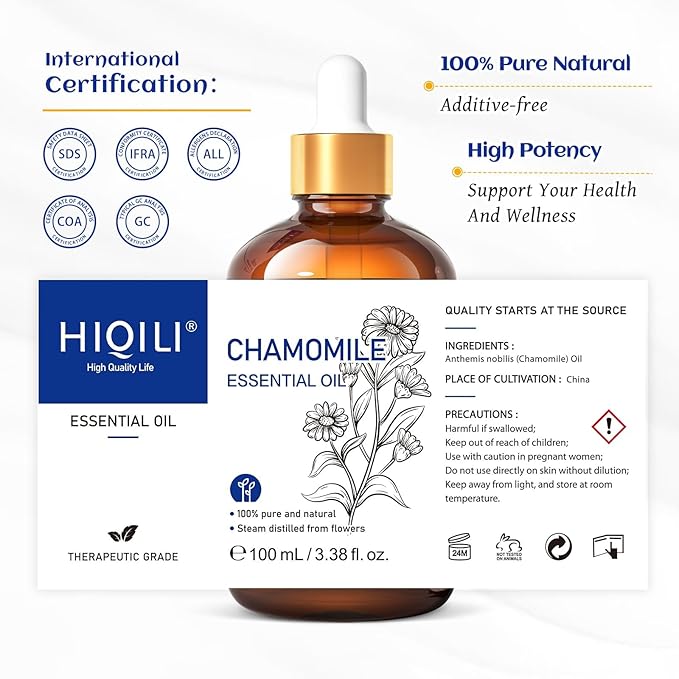 HIQILI 100ML Chamomile Essential Oil, Pure & Natural Chamomile Oil for Diffueser, Skin, Soap, Shampoo - 3.38 Fl Oz