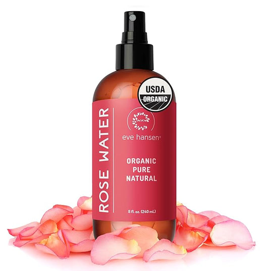 Eve Hansen Organic Rose Water Spray for Face | Huge 8 oz Moroccan Rosewater Face Toner and Makeup Setting Spray | Soothing Neck and Face Mist to Reduce Eye Puffiness, Dark Circles and Redness