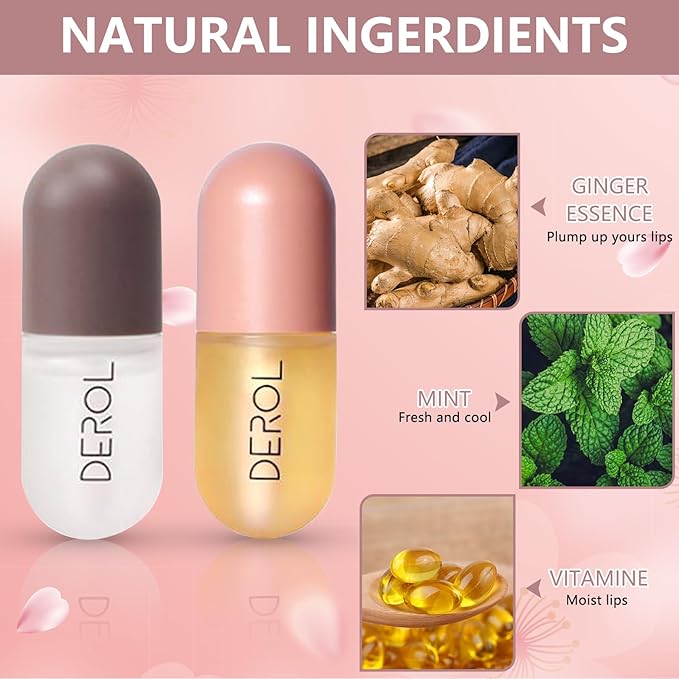 DEROL 2Pcs Natural Lip Plumper, Plant Extracts Plumping Lip Serum, Lip Enhancer Including Day and Night Lip Plumping Balm, Lip Care Serum for Fuller & Hydrated Sexy Lip (5.5MLX2)