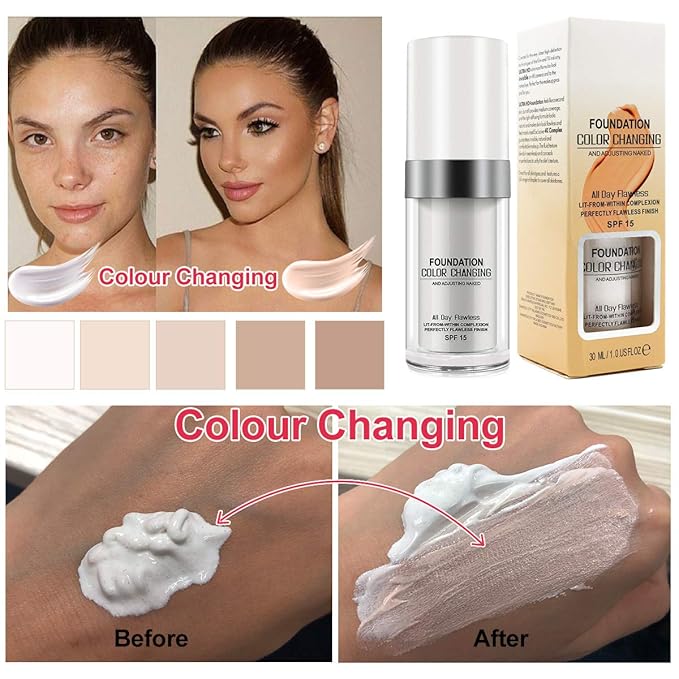 30ML Flawless Colour Changing Warm Skin Tone Foundation,Naturally Blends Moisturizing foundation makeup,Long Lasting Waterproof Poreless Liquid Foundation SPF 15 for Face Makeup
