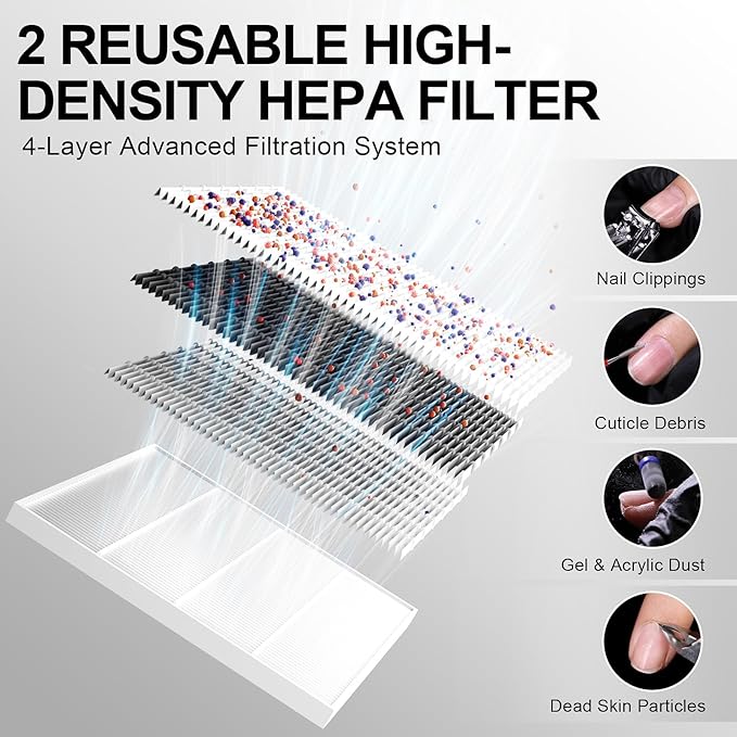 L'UGX Rechargeable Nail Dust Collector with 2 Reusable Filter, Professional Nail Vacuum Dust Collector Nail Tech Fan Extractor Powerful Suction Machine, Perfect for Home Salon Use