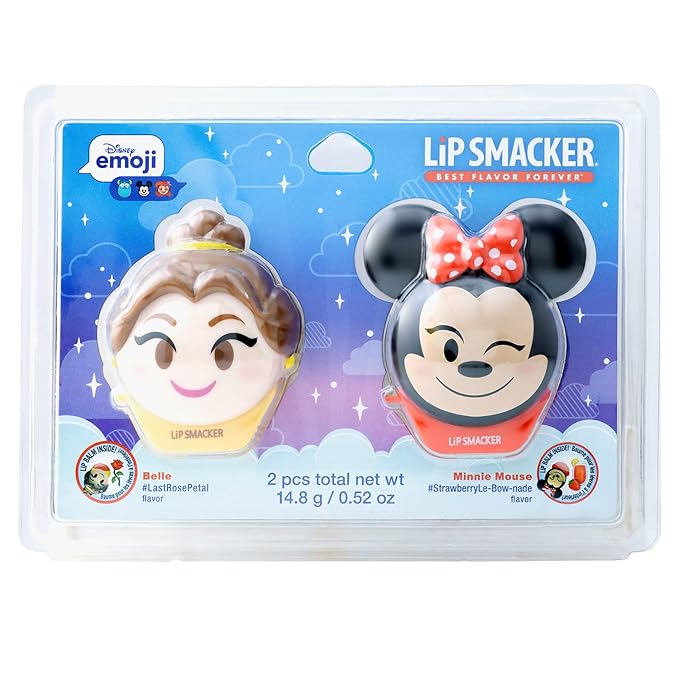 Lip Smacker Disney Minnie Mouse and Beauty And The Beast Belle Emoji Lip Balm Duo, Flavored Strawberry Lemonade, Bow-nade, 2 Pack