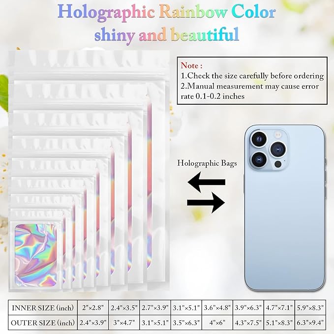 100 Pieces Smell Proof Mylar Bags, Holographic Packaging Bags, Resealable Odor Foil Pouch Zipper Bag with Clear Window for Food Storage and Lipgloss, Jewelry Lash(White, 4 x 6 Inch)