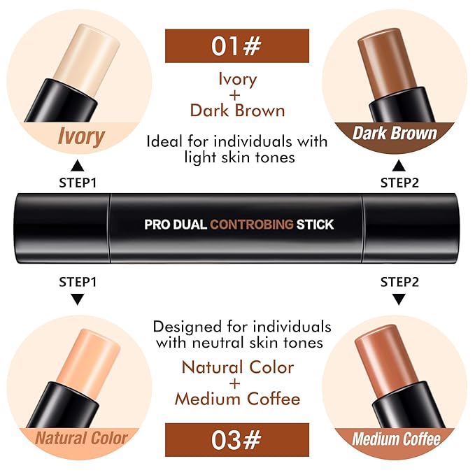 4 Colors Cream Contour, Stick Palette, Contouring Concealer, Stick Primer, Face Makeup Kit for Beginners, Cream Concealer and Highlight Stick(#1+3)