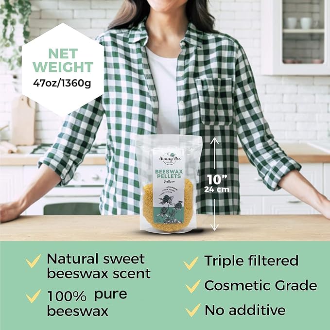 HUNNYBEE Beeswax Pellets 3LB, 100% Pure Bees Wax for DIY Candles, Skin, Body Cream, Face, and Hair Care, Lotions Deodorant, Lip Balm and Soap Making (Yellow, 3 lbs)