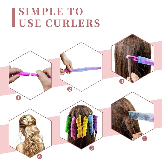 30pcs Heatless Hair Curlers Rollers Spiral Curls Styling Kit with 2 Sets Styling Hooks,No Heat Curlers for Women Girl's, pink, orange, blue, green, yellow and purple (12 Inch/30 cm)…