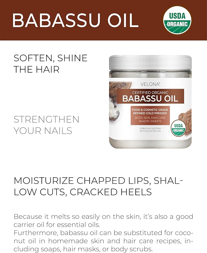 velona Babassu Oil USDA Certified Organic - 16 Fl Oz | 100% Pure and Natural Carrier Oil | Refined, Cold Pressed | Face, Hair, Body & Skin Care and Cooking | Use Today - Enjoy Results