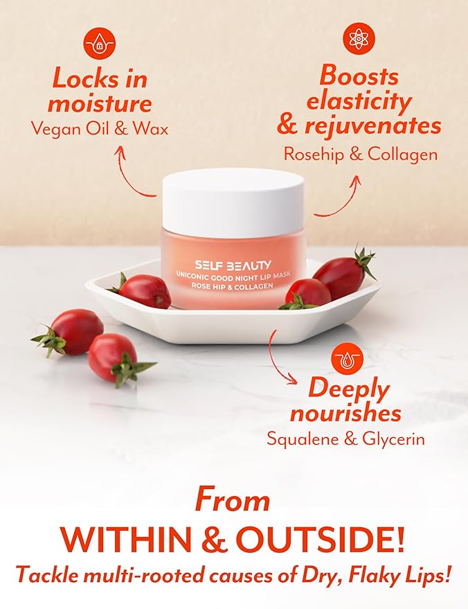 SelfBeauty Lip Mask - Rosehip & Collagen, Vegan Lip Balm, Lip Moisturizer, Overnight Hydrating Lip Treatment with Collagen Peptide, Lip Scrub Exfoliator Intensive Lip Repair, 0.51fl.oz